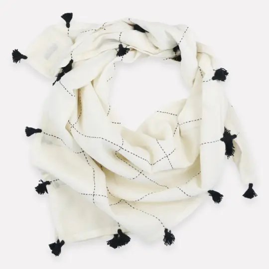 Grid Square Scarf in Bone with Tassels