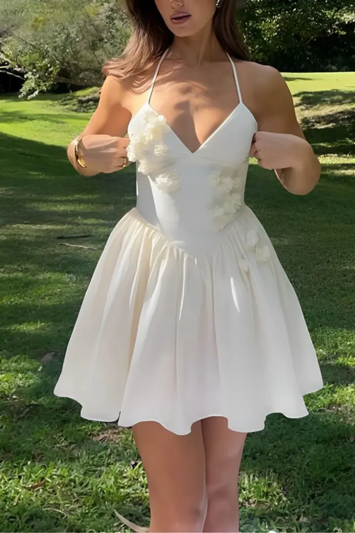 White suspender sexy floral A-line short skirt homecoming dress R3859