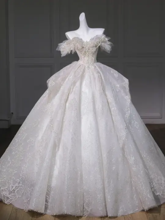White one-shoulder bow neckline slim waist puffy skirt long dress bridal dress R5813