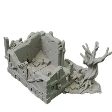 An unpainted, light grey 3D-printed tabletop miniature of a ruined medieval fantasy storehouse. The building has been completely destroyed, leaving no roof and only jagged, cracked stone walls standing. The interior floor is littered with fallen square stone blocks and rubble. The exterior shows the remains of a stone brick foundation and broken half-timbered wood framing. To the right of the ruins stands a prominent, barren, twisted dead tree with thick exposed roots growing over fallen debris. Isolated on a white background.