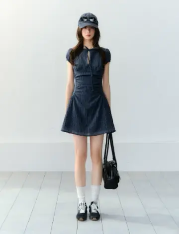 Navy Blue Keyhole Neck Short Sleeve Mini Dress Women With Bow Tie Detail R9393