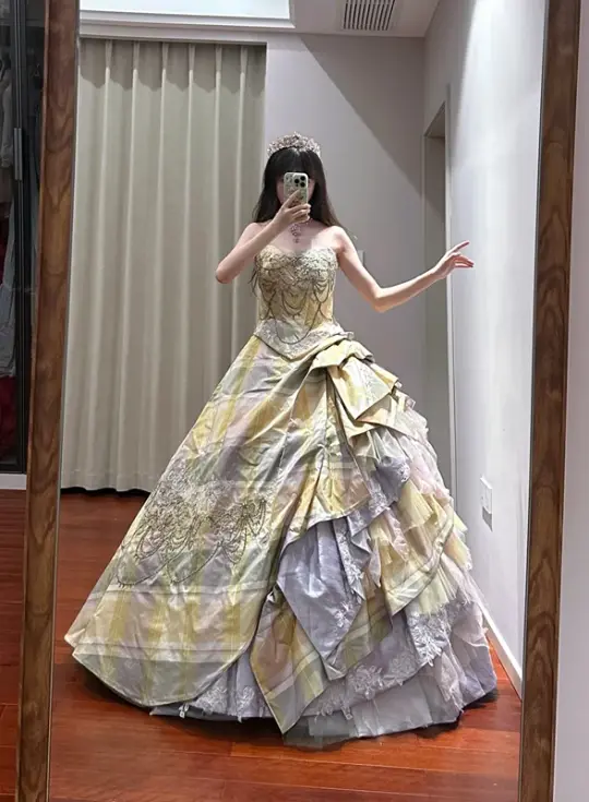 Light yellow strapless, fitted waist, full skirt, long ball gown R8635