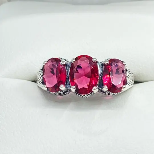 Trinity Ruby Ring, Size 9, Triple Gem Art Deco Ring | Vintage Style Jewelry #D41 -Ready to Ship