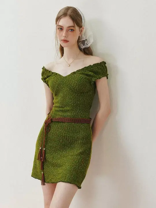 Olive Green Textured Knit Dress with Off-Shoulder Neckline & Tassel Belt R9178