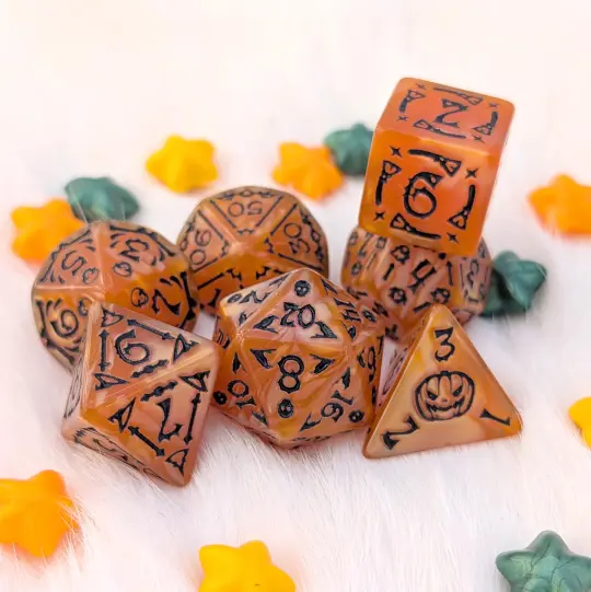 Halloween DnD Dice Set - Orange Marbled Acrylic with Black Numbers - Haunted Harvest