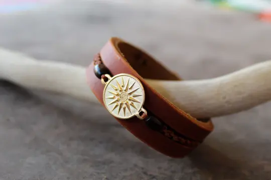 Gold Vergina Sun Leather Bracelet: Ancient Greek Symbol