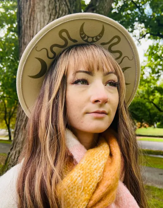 Cream Snake Moon Crown Vegan Felt Wide Brim Hat