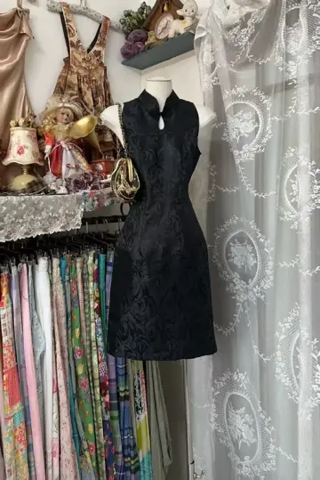 Black Chinese-style sleeveless retro floral pattern elegant cheongsam short ball gown R7881