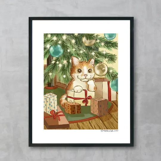 Cat Under The Christmas Tree Fine Art Print, Wholesale