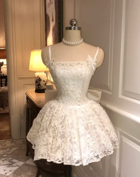 White lace suspenders slim waist A-line skirt short skirt homecoming dress R4161
