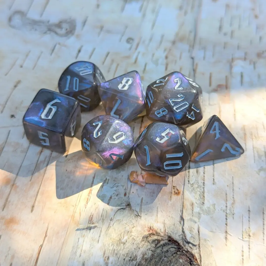 Black Blue Glitter Acrylic Dice Set Fantasy Font – 7-Piece Shimmer DnD Dice