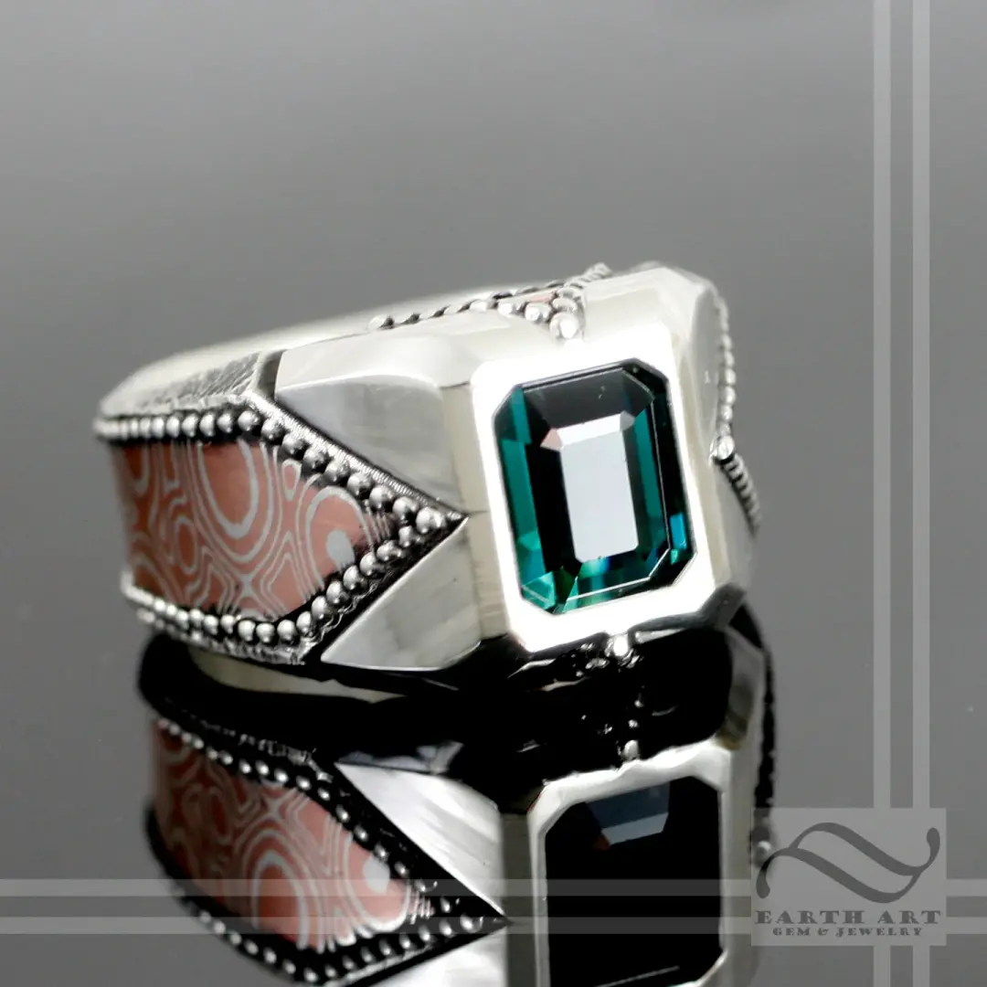 Indicolite Tourmaline Mens Signet Ring with Mokume Gane Inlay