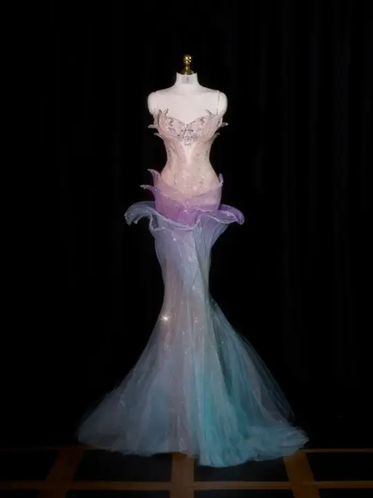 Light pink strapless fitted bodice with a light blue long skirt, a formal ball gown/bridal dress R8902