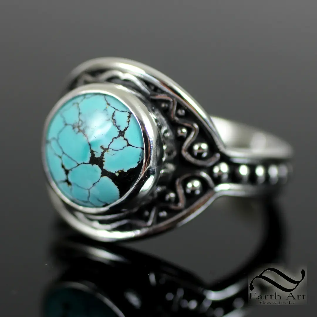 Round Spiderweb Turquoise With Waves Ring - Sterling Silver