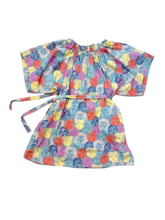Rhonda Summer Dress in Blue Floral Faces | Gathered neckline