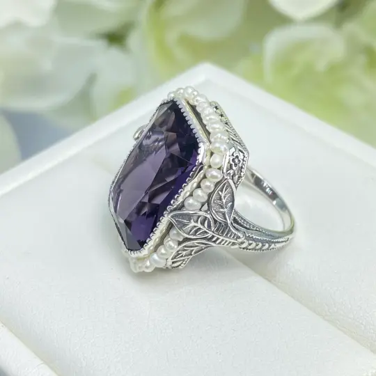 Amethyst Ring, Size 4, Purple Gem in Seed Pearl Frame, Silver Leaf Filigree, Victorian Jewelry #D234 - Ready to Ship