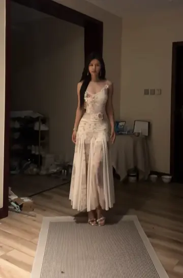 White dress with pink floral print, halter neck, fitted waist, bodycon fishtail skirt, ball gown R8094