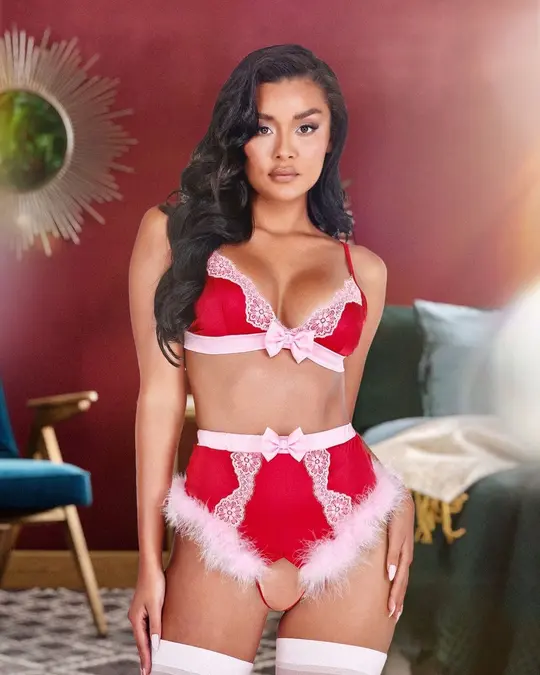 2pc Lace Satin Marabou Bra Set