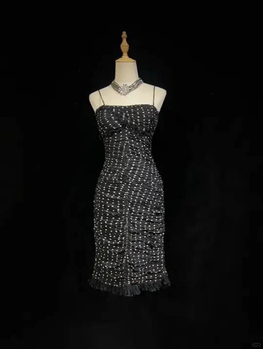 Black suspender polka dot pleated waist slim hip mid-length skirt homecoming dress R4923