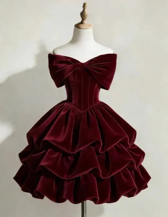 Velvet Ruffled Corset Homecoming Dress , Elegant Burgundy Short Prom Dress Birthday Dress RS2131
