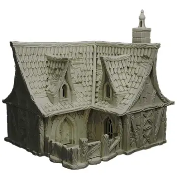 An unpainted, light beige 3D-printed tabletop miniature of an L-shaped medieval fantasy country cottage. The ground floor features textured plaster and half-timbered wood framing, with an arched wooden door and window facing an inner courtyard enclosed by a short, rustic wooden fence. The expansive, steep wood-shingled roof includes two prominent dormer windows and a stone chimney with a decorative top spire on the right side. Isolated on a white background.
