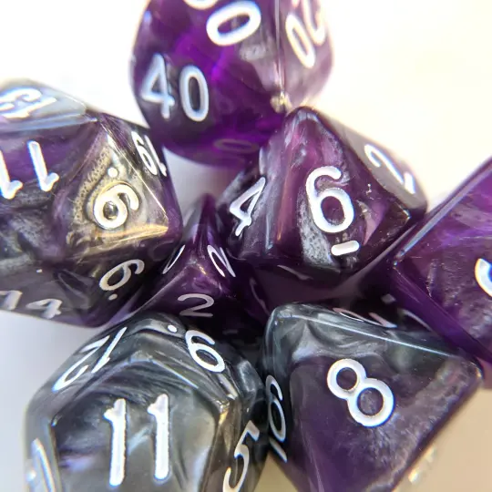 Dark Crystal Dice Set – 7-Piece Purple Silver Metallic DnD Dice