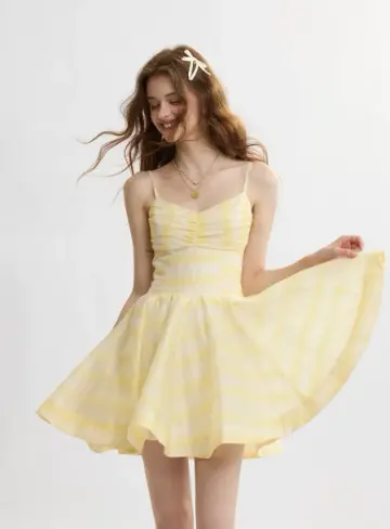 Yellow Striped Cami Dress Women With Ruched Bust And A-Line Mini Skirt R9455