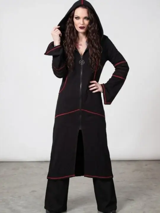 Darkside Longline Hooded Jacket Black Crimson Stitch Duster Coat L