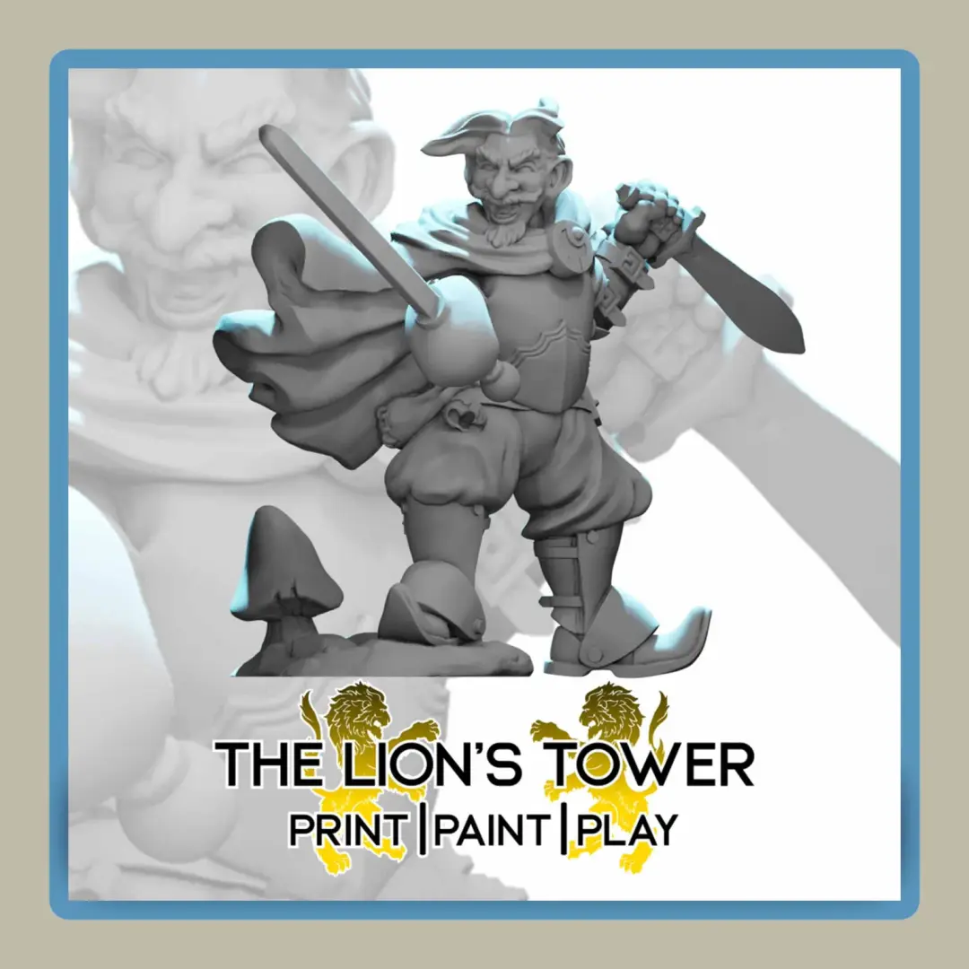render of 32mm miniature gnome fighter with rapier and dagger