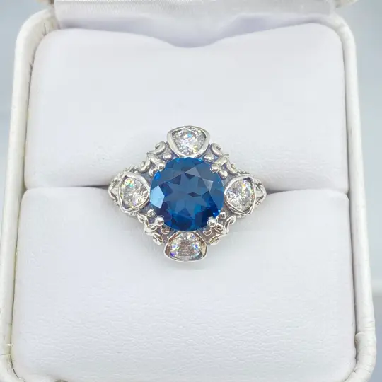 Natural London Blue Topaz Ring, Size 4.5, Moissanite Accent 5-Gem Art Deco style #D138 - Ready to Ship