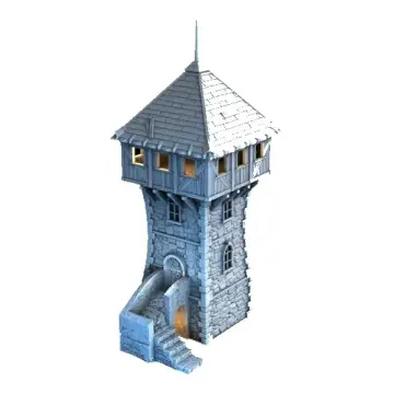 Unpainted 28mm 3D-printed medieval stone-and-timber defense watchtower — tabletop RPG terrain for D&D, Pathfinder & wargaming