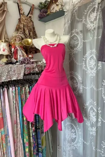 Rose pink strapless fitted waist slim-fit short ball gown with irregular hem R7803