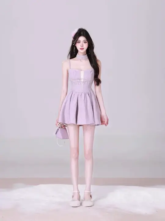 Purple suspender waist slim A-line short skirt homecoming dress R5243