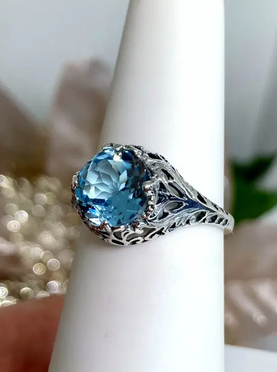 Natural Sky Blue Topaz Ring, Size 8, Victorian Jewelry #D198 - Ready to Ship