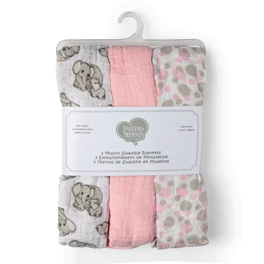 Precious Moments Baby Boys and Baby Girls 3 Piece Coordinating Precious Moments Muslin Swaddle Blankets, Pink
