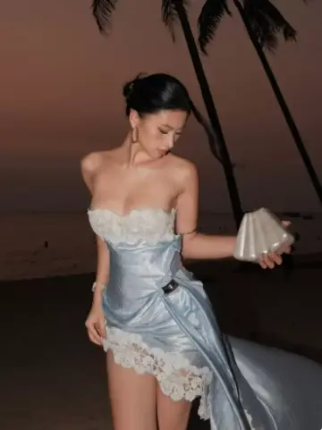 Elegant Pale Blue Sheath Strapless Bodycon Hi-Lo Women Dress with Lace Prom Dress Summer Dress RS317