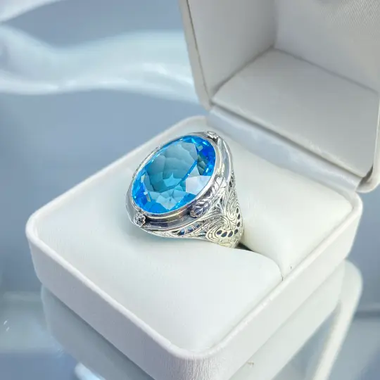 Natural Blue Topaz Ring, Size 6, Victorian Jewelry #D2 - Ready to Ship