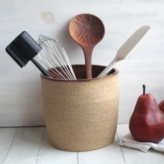 Large Rustic Utensil Holder with Raw Stone Texture, Handcrafted Kitchen Crock, Made in USA