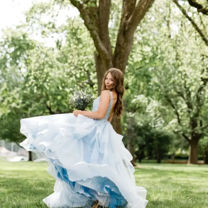 Puffy Tiered Embroidered Women's Prom Gown Pale Blue Corset Maxi Evening Dress Birthday Dress — Fall Outfit 2026 New RS3145