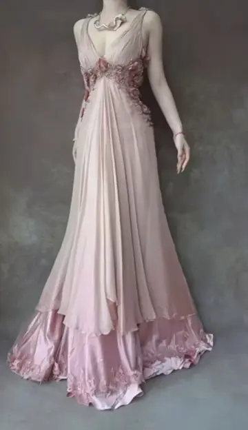 Pretty Pink Prom Dress ,A-Line V-neck Applique Corset Maxi Evening Dress RS988