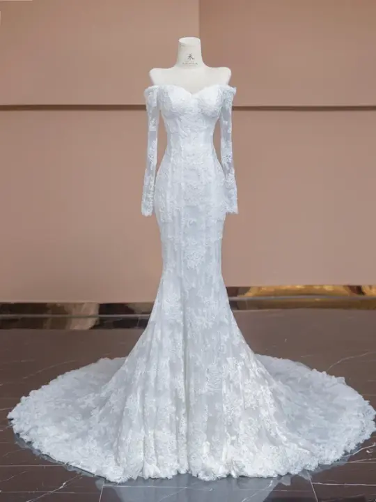 White lace off-the-shoulder fitted waist sexy bodycon fishtail skirt long ball gown/bridal dress R8291