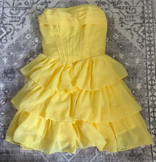 Charming Bright Yellow Homecoming Dress ,A-Line Strapless Frilled Short Prom Dress RS968