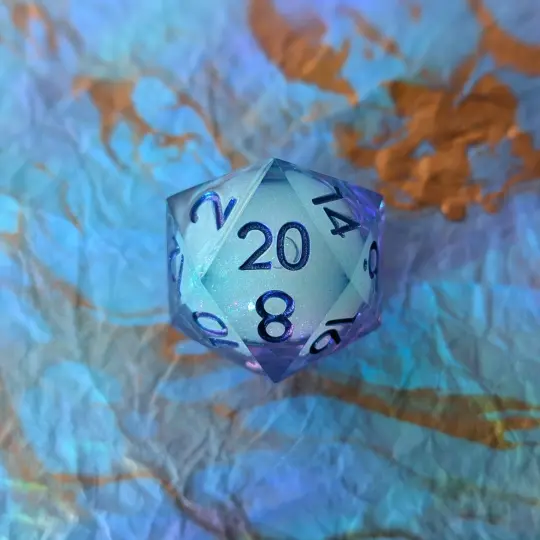 Celestial Drift Liquid Core D20 – 1.5" Purple Blue Iridescent Micro-Glitter Die