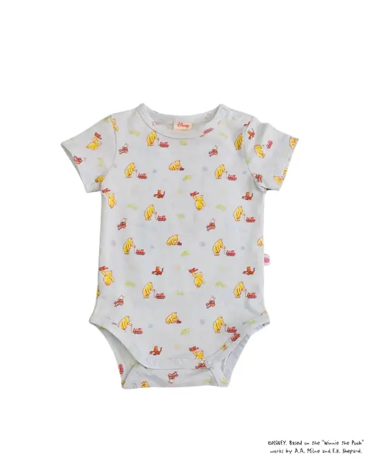 Short-Sleeve Onesie - Blue Trains Pooh
