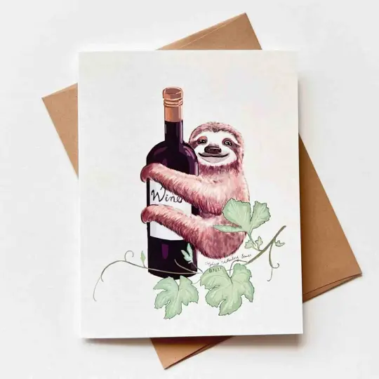 Sloth on Wine Bottle Card, Wholesale 6 Pack