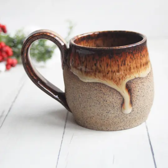 Raw Stoneware Pottery Mug, Rustic Brown, 10 Ounce Handmade, Made in USA
