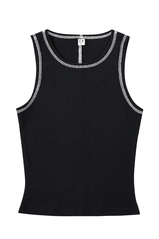 High Neck Contrast Seam Tencel Rịb Tank Black