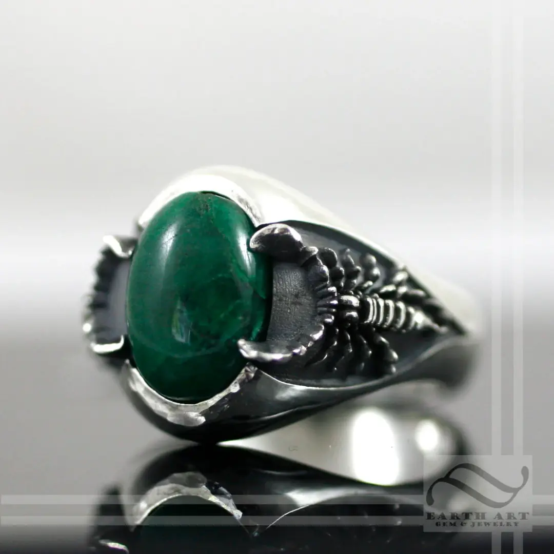 Mens Emerald and Scorpion Ring - Sterling silver