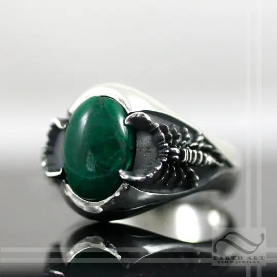 Mens Emerald and Scorpion Ring - Sterling silver