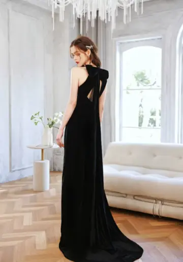 Slim High Collar Corset Prom Gown , Minimalist Black Maxi Cocltail Dress RS1934
